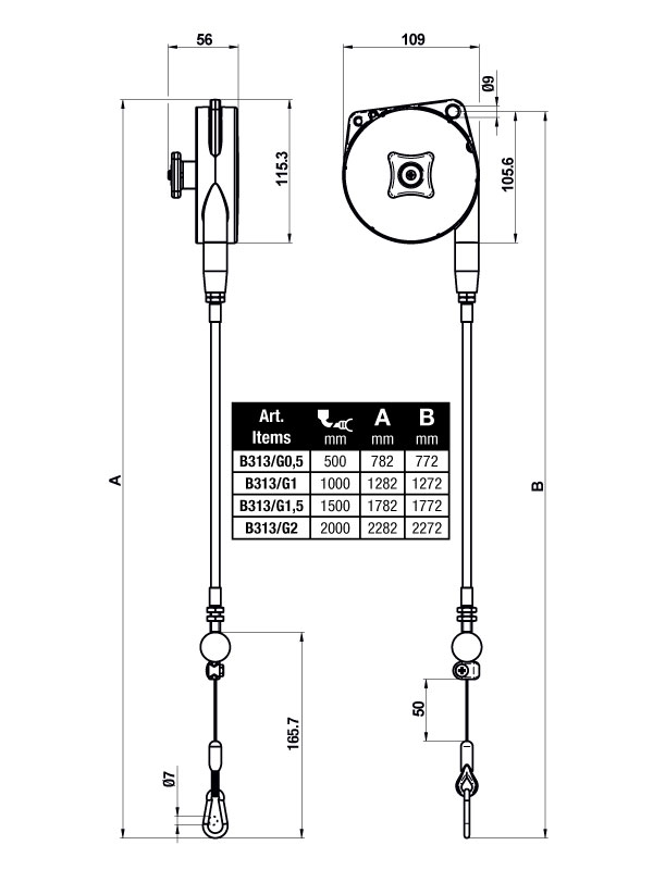 TECNA Bowden Retractors - B313/G.05-B313/G1-B313/G1.5-B313/G2 Dimensions | Weld Systems Integrators
